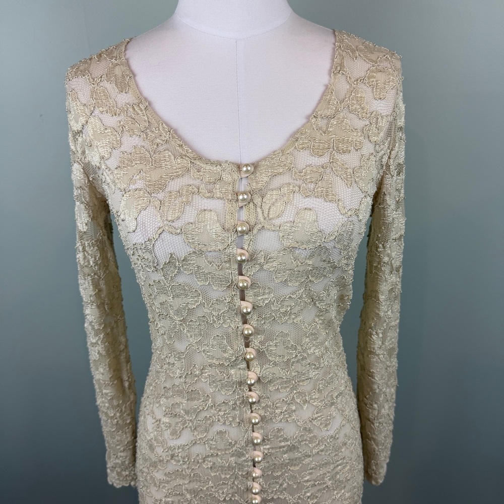 Vintage 90’s MICHI Cream Lace pearl buttons Long Sleeve Mini cocktail Dress Med - Picture 2 of 8